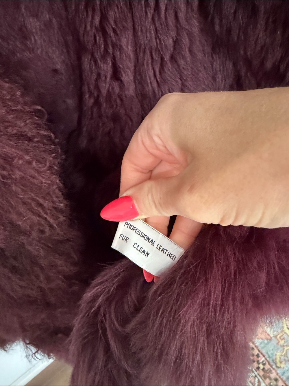 Custom burgundy vintage shearling and Tibetan lamb fur coat - Picture 9 of 12